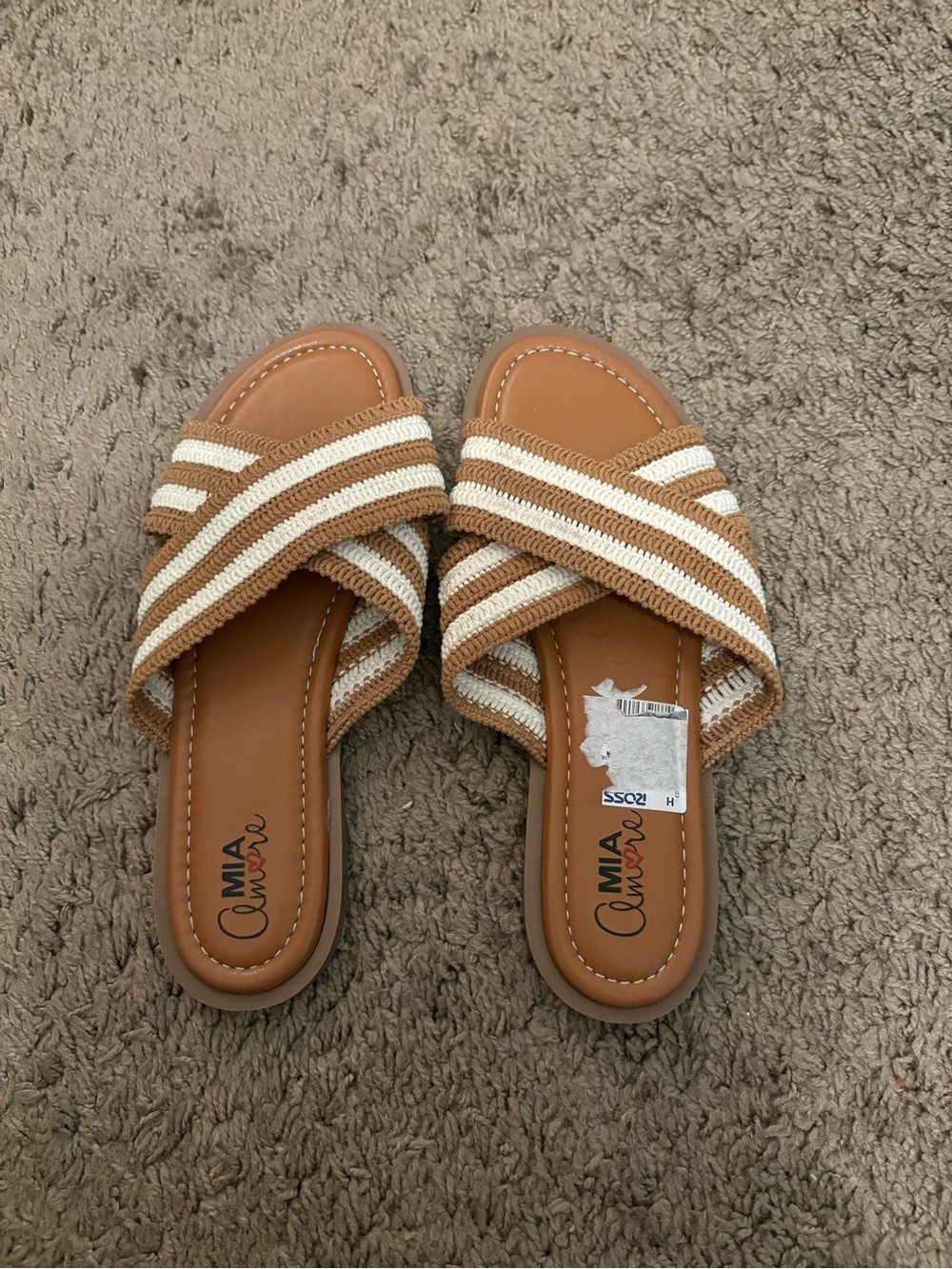 MIA Tan and Cream Woven Crisscross Slide Sandals